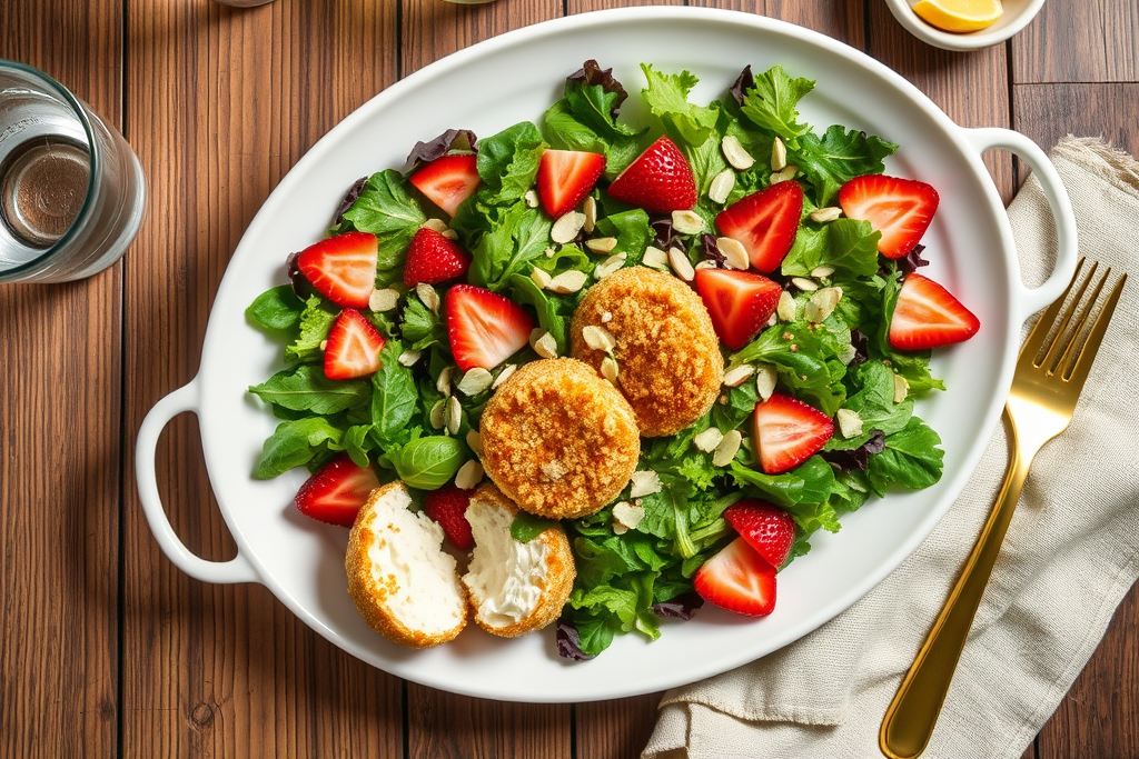 Salad with breaded, warm goat cheese, strawberries, and healthy vinaigrette