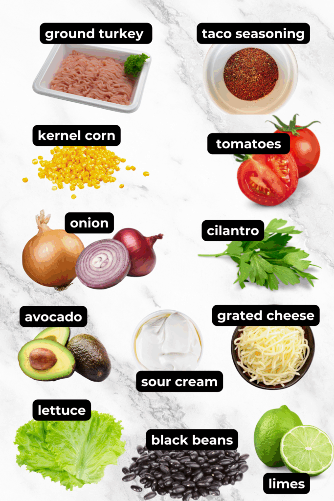 Healthy ingredients in a lean low carb taco bowl