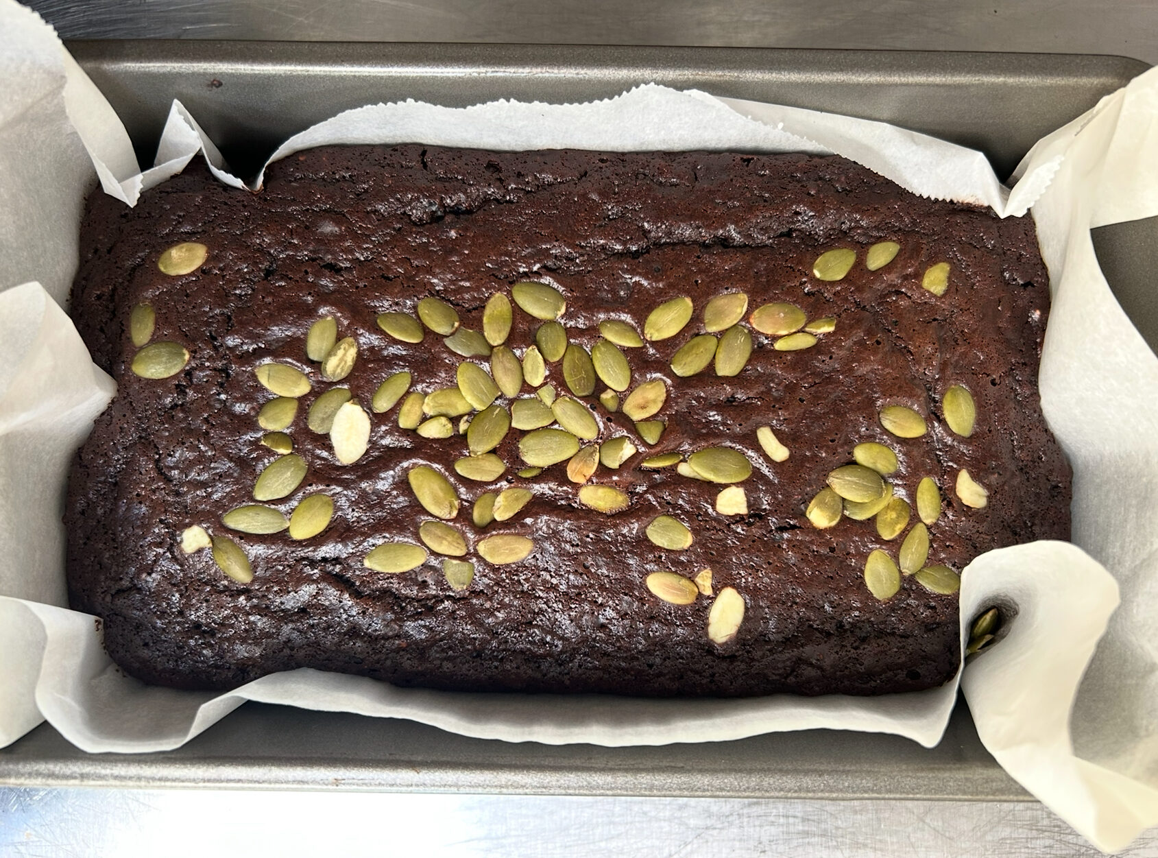 Flourless Chocolate Zucchini Loaf with pumpkin seeds, GF