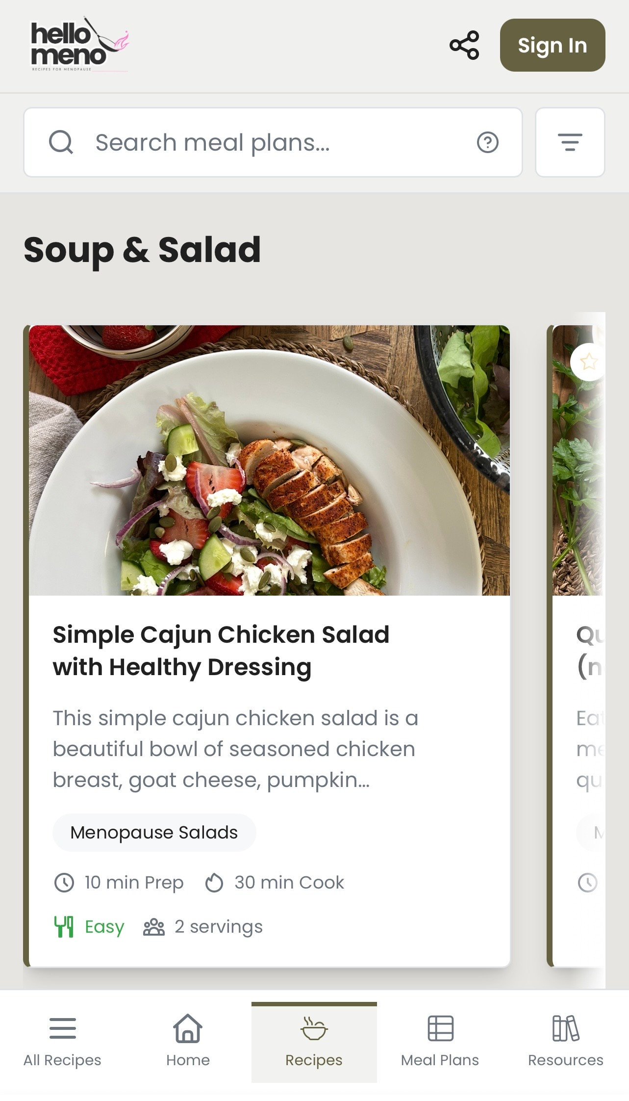 Healthy Menopause recipes on a meal plan app